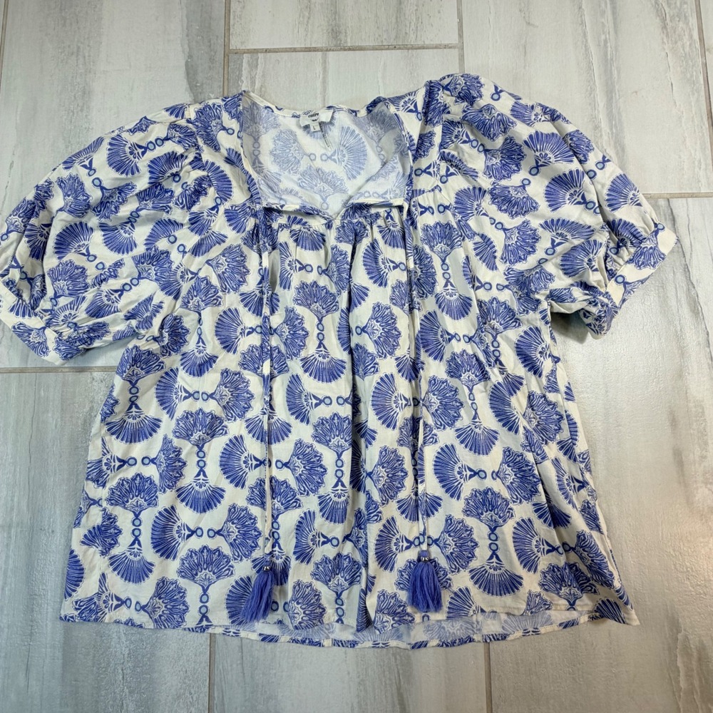 Entro Womens Blue White Fan Print Puff Sleeve Tassel Tie Blouse Top Large T25833